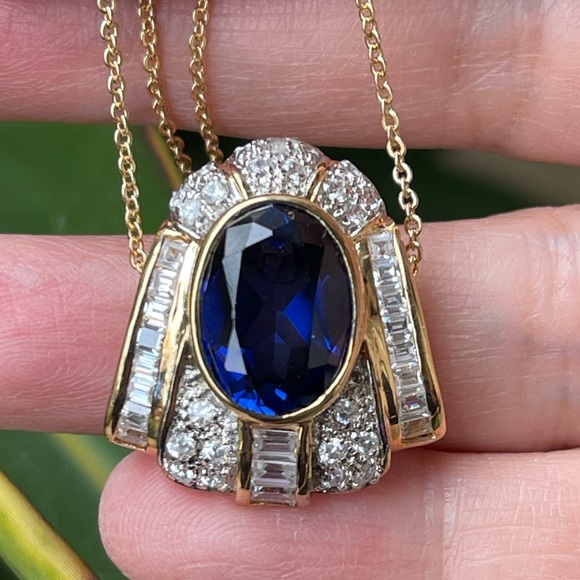 Kashmir sapphire cz gold plated solid sterling silver pendant & gold tone chain - Picture 5 of 7
